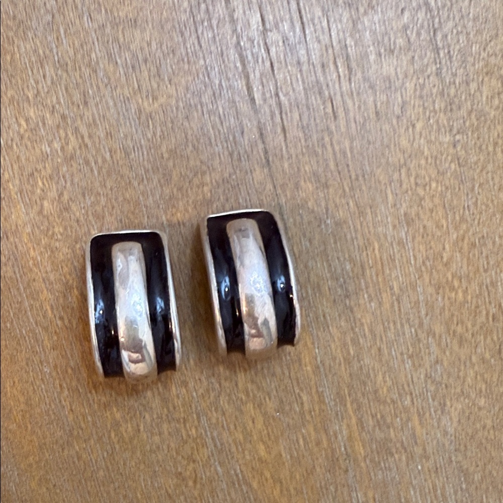 Vintage Black and Sterling Silver clip on Hoop Earrings
